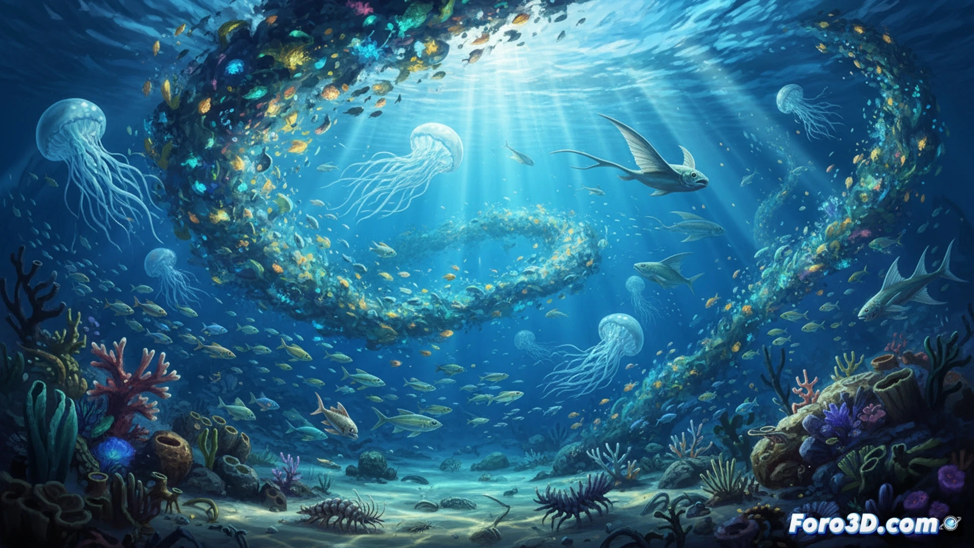 Un océano primigenio con plancton bioluminiscente floreciendo bajo un cielo aún brumoso, símbolo de rápida recuperación.