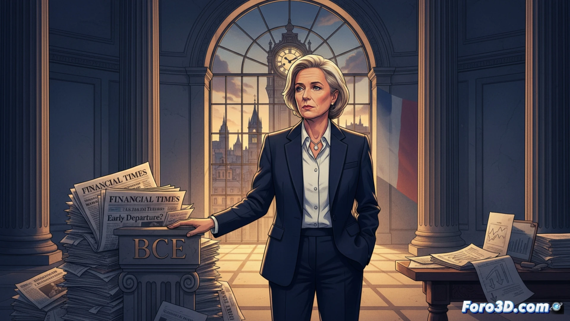 Christine Lagarde, pensativa, ante un edificio institucional europeo. Fondo con gráficos económicos borrosos y un calendario marcando abril de 2027.