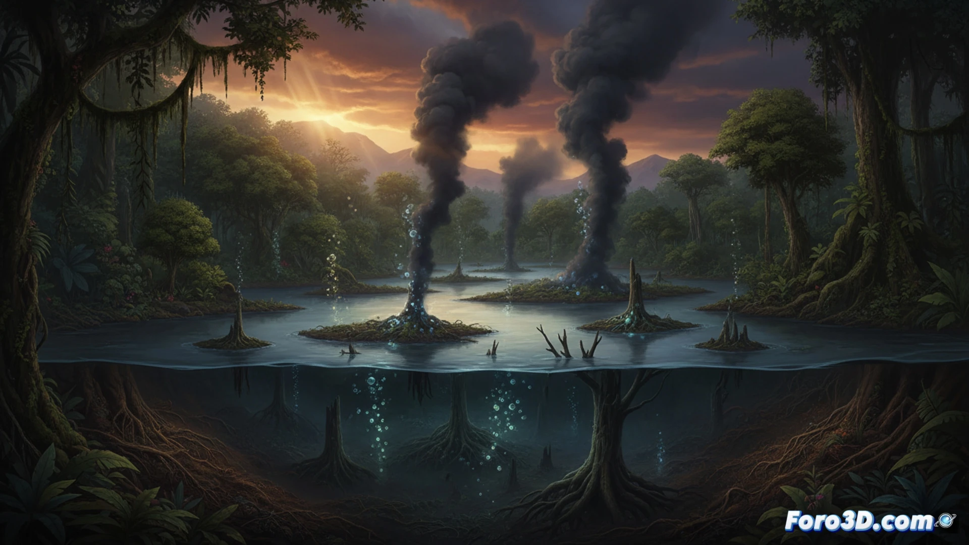 Imagen de un lago de aguas oscuras en una turbera del Congo, burbujas emergiendo de su fondo, liberando carbono antiguo a la atmósfera.