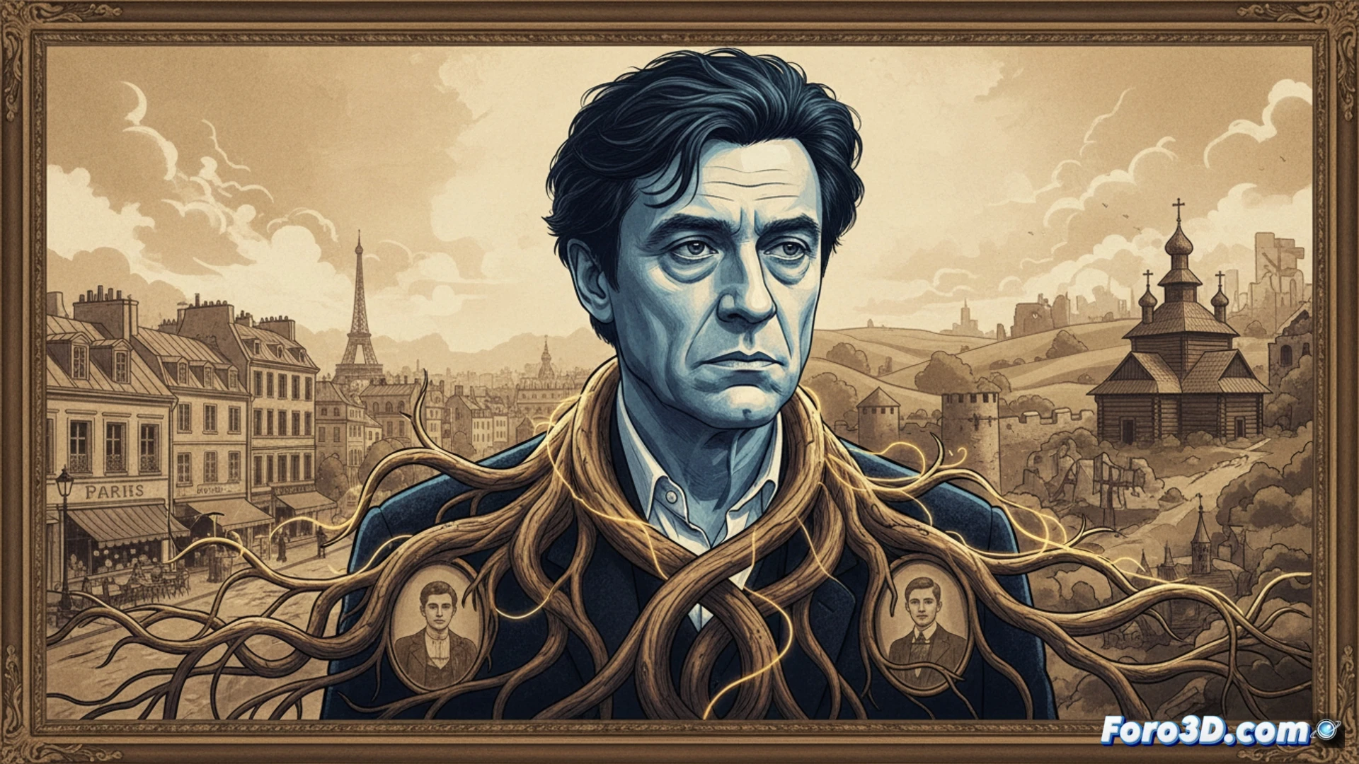 Un joven Gainsbourg observa un viejo álbum familiar abierto en un mapa de Ucrania, con fotos de Járkov y Mariúpol.