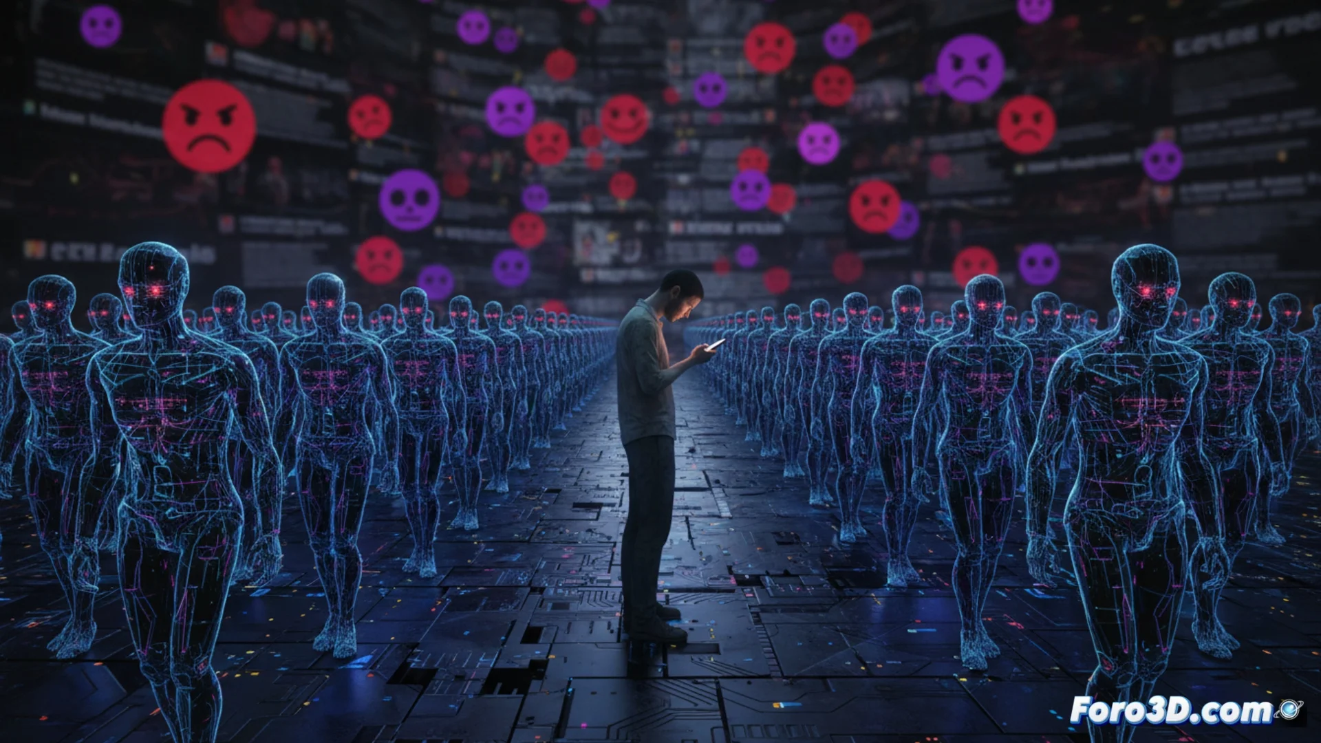 Ilustración conceptual de un enjambre de cuentas de usuario robóticas y perfiles humanos entrelazados en una red social, representando la infiltración de bots de IA.