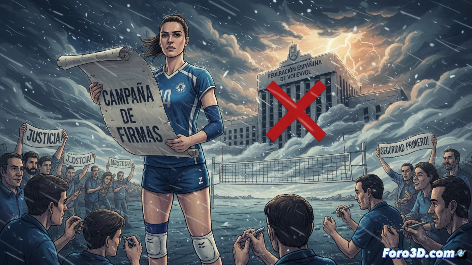 Un autobús de voleibol varado en una carretera nevada, con jugadoras observando. Fondo: cartel de Ourense y firmas digitales ascendiendo como protesta.