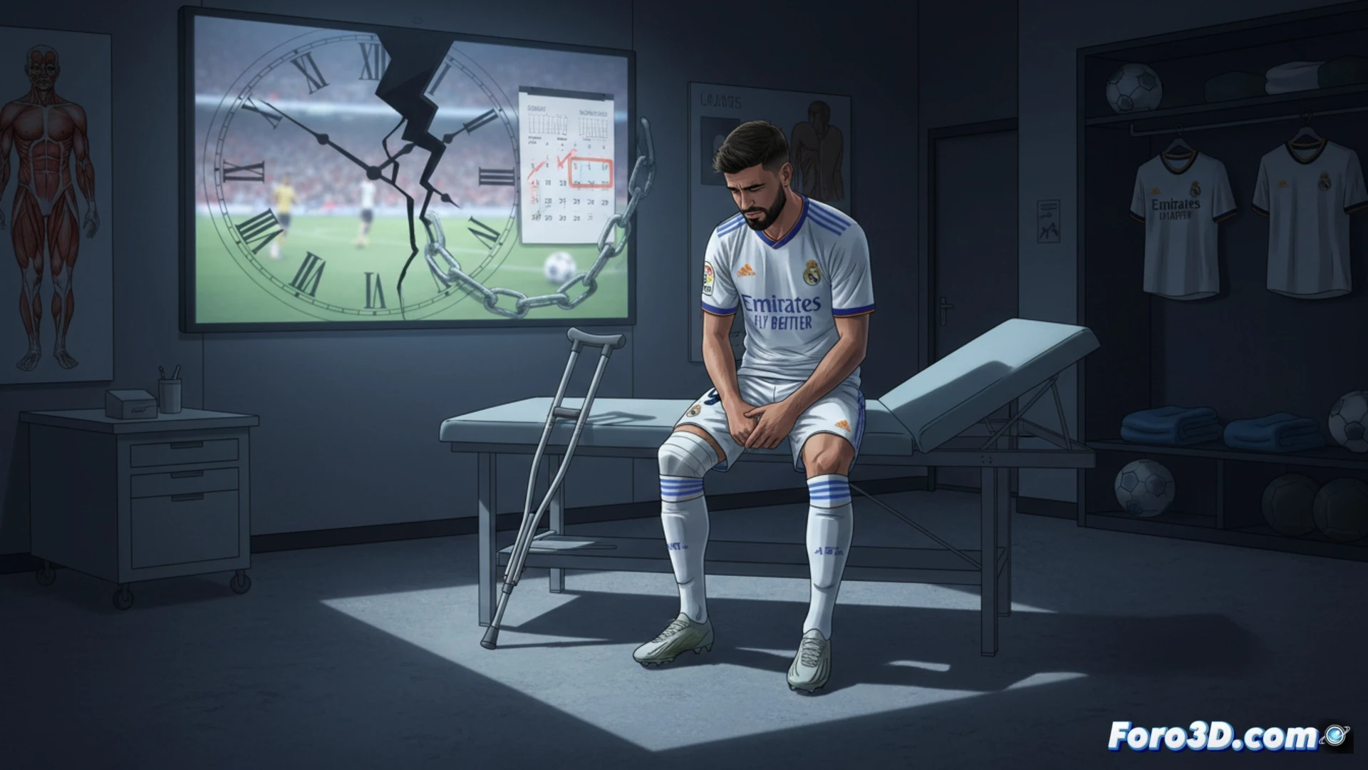 Jugador del Real Madrid con el rostro sereno, vendaje en la pierna derecha y fondo de estadio desenfocado. Expresión de determinación a pesar de la lesión.