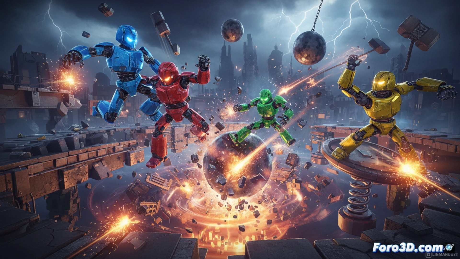 Un grupo de personajes con trajes espaciales se balancea caóticamente en una plataforma de asteroides, usando ganchos y el peso corporal para desequilibrar a los rivales.