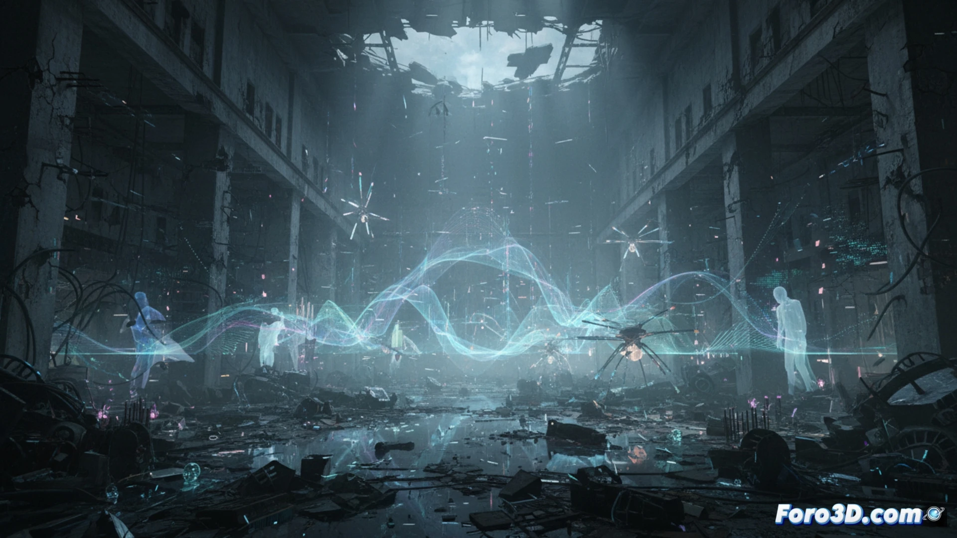 Una proyección cuántica inunda las ruinas de hormigón de una central eléctrica, donde datos científicos se transforman en un paisaje de luz y sonido envolvente.