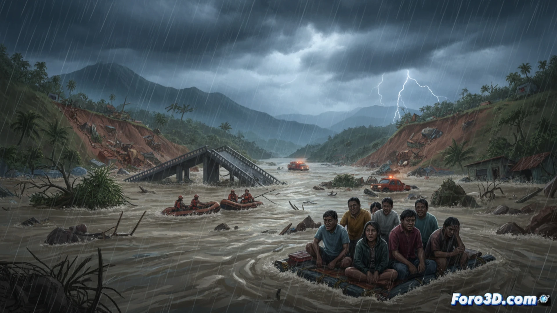 Imagen de calles inundadas en una ciudad sudamericana, con personas evacuando entre aguas turbias y escombros por deslizamientos.