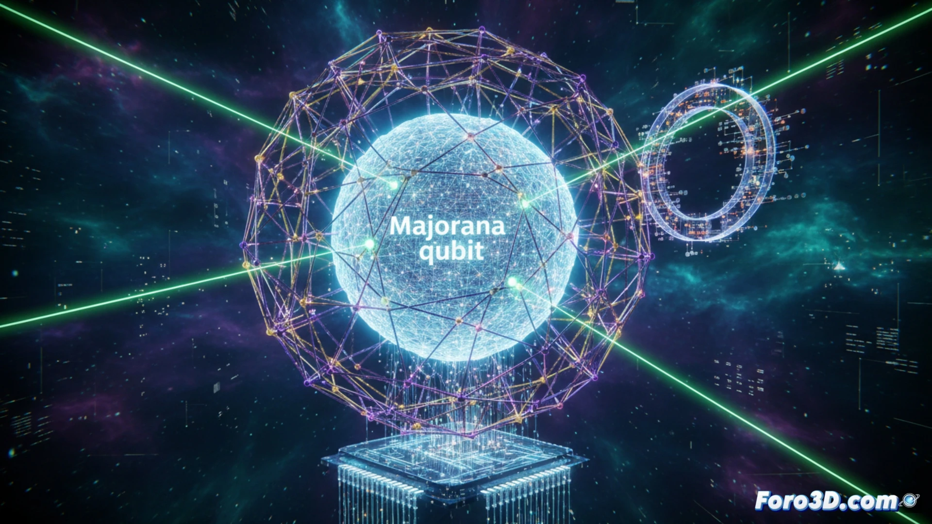 Un cúbit topológico (esfera azul) protegido por una red de hilos de luz, mientras un sensor cuántico (disco dorado) lee su estado indirectamente sin alterarlo.