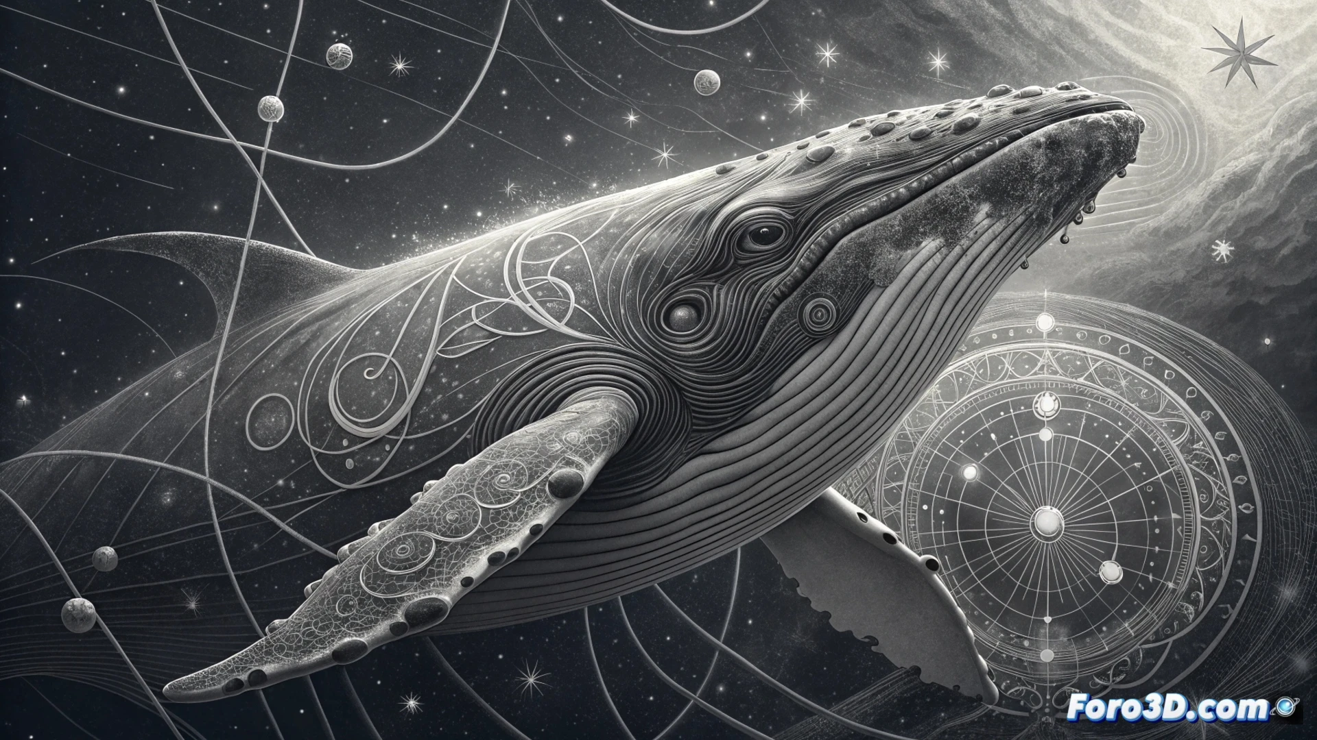 Ballena de aleta emitiendo complejos patrones sónicos, visualizados como estructuras geométricas y ondas matemáticas en el océano.