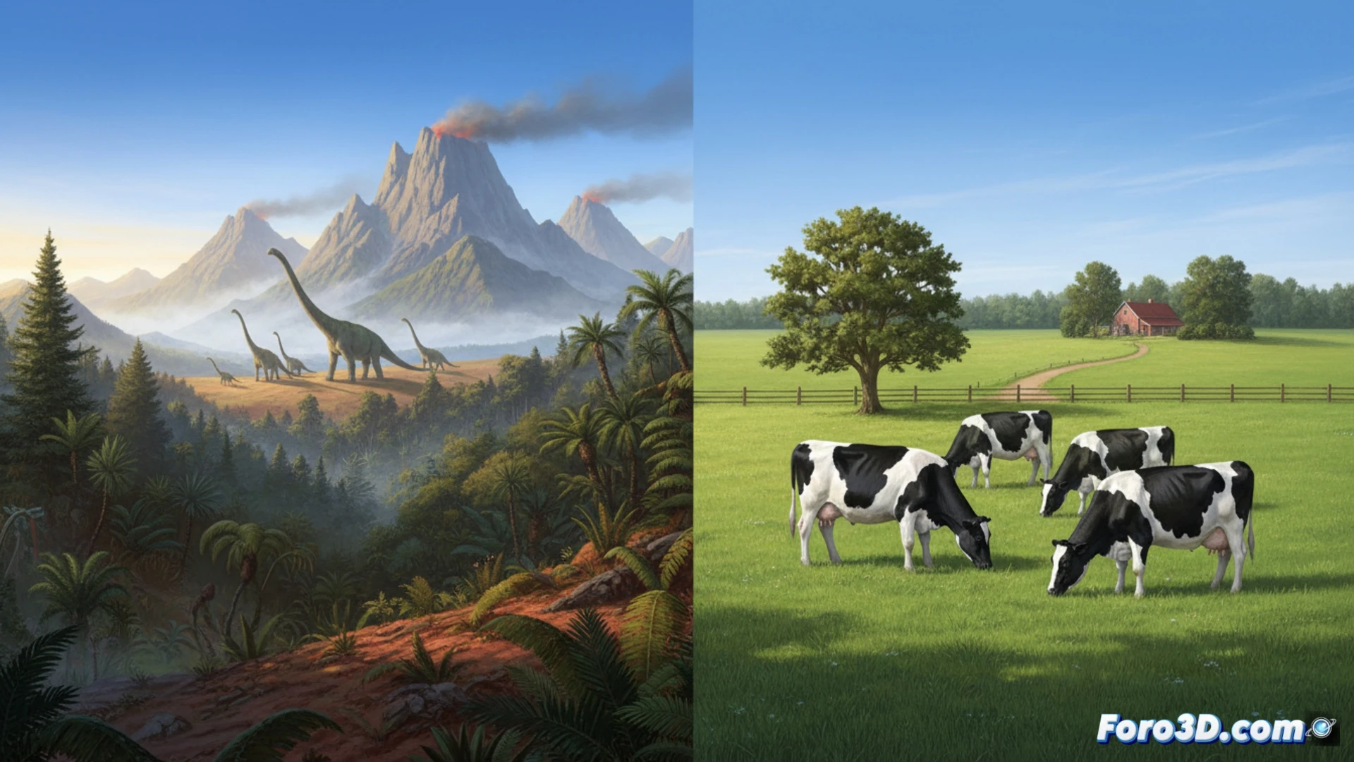 Ilustración comparativa humorística que muestra un dinosaurio y una vaca moderna, con gráficos que representan la concentración de metano y su impacto en la atmósfera a lo largo del tiempo.