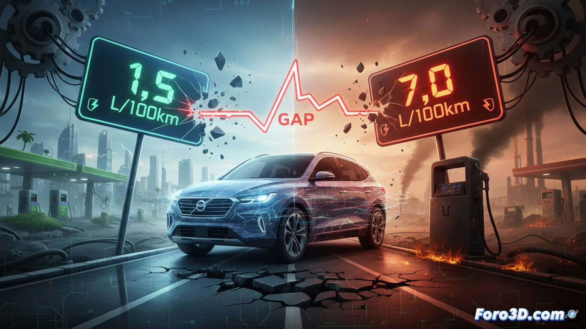 Un híbrido enchufable en un cargador, con un gran gráfico de barras mostrando una gran brecha entre el consumo oficial (bajo) y el real (alto).