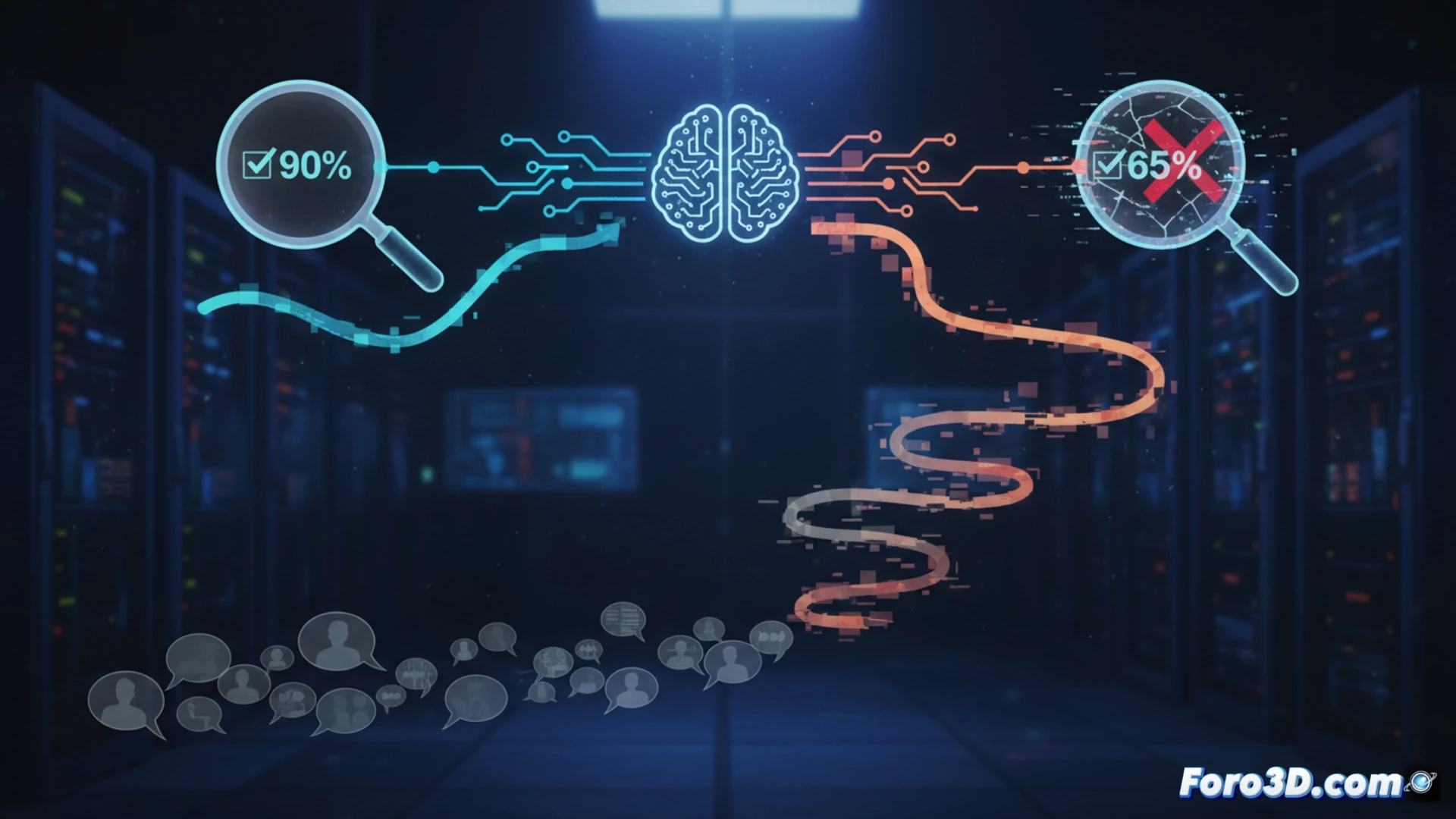 Un gráfico muestra la caída de precisión de IA en diálogos largos, de 90% a 65%, con líneas descendentes sobre una conversación extensa.