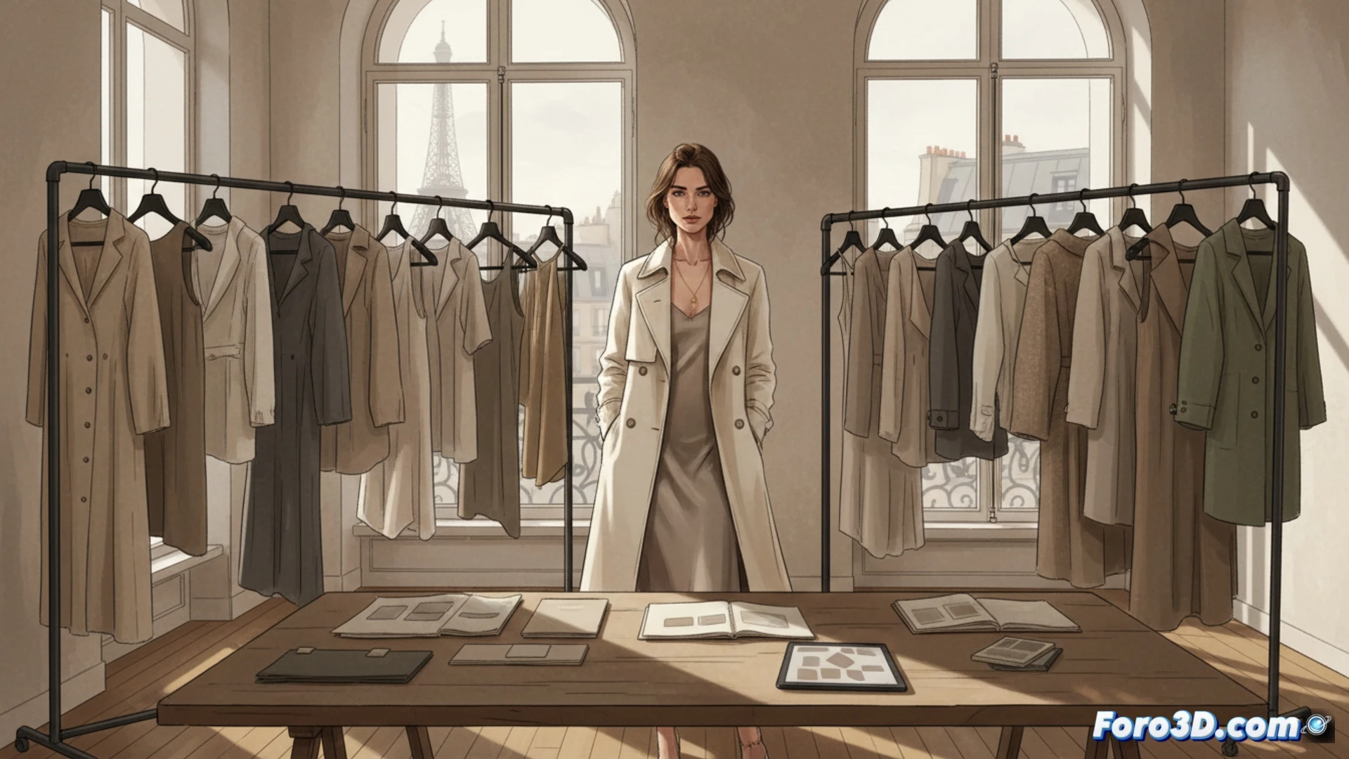 Fotografía de estudio: prendas minimalistas en tonos neutros, dispuestas con arte, reflejando elegancia atemporal y coherencia de marca.