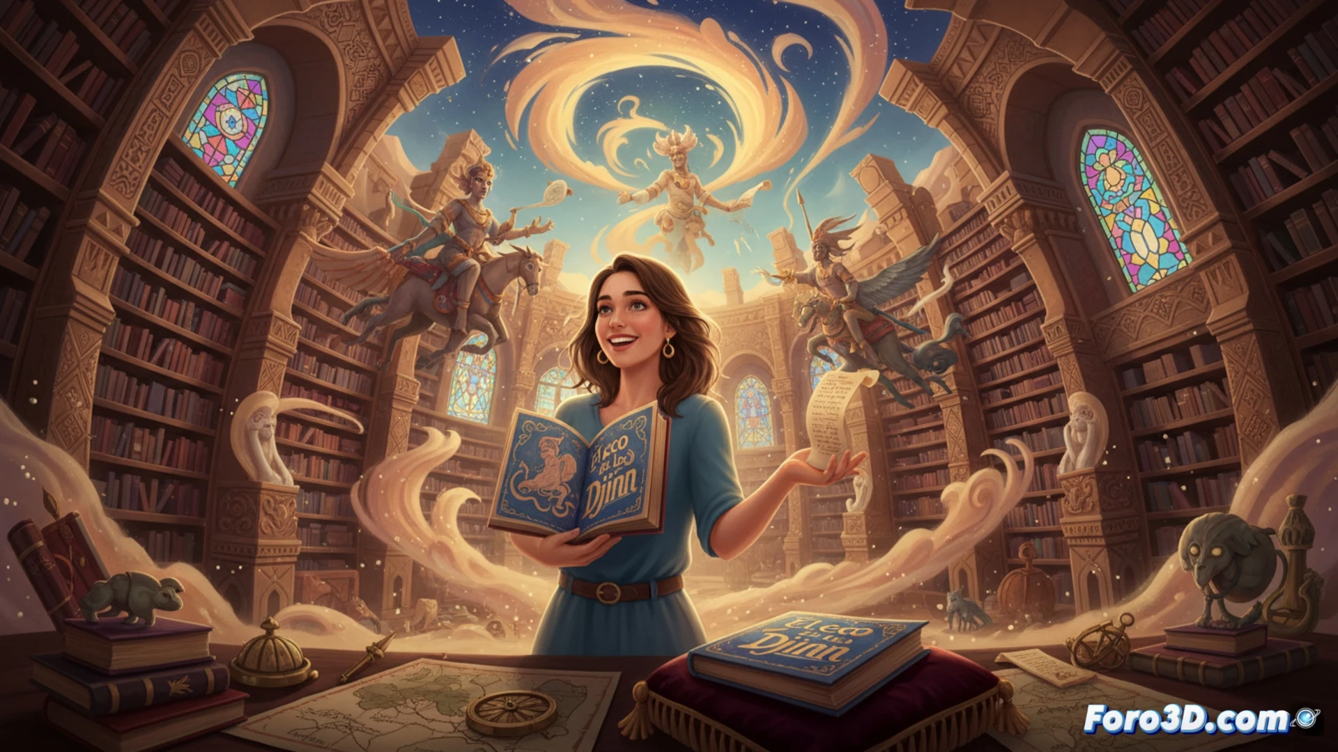 Una joven escritora sostiene su novela premiada, 'El eco de los Djinn', con un fondo de paisajes desérticos y criaturas mitológicas difusas.