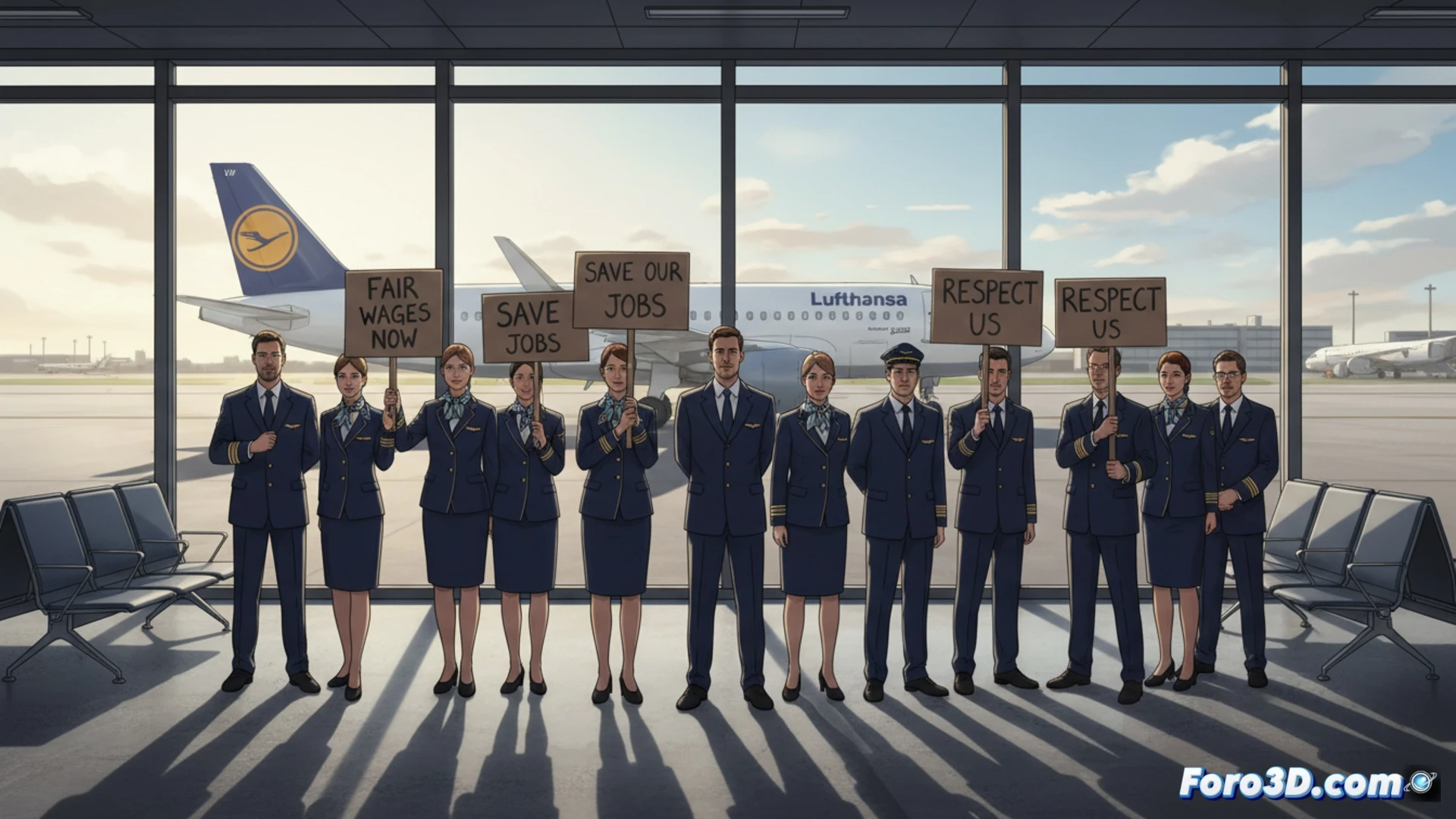 Avión de Lufthansa en la pista de un aeropuerto, con el logo de la aerolínea visible, ilustrando la paralización por la huelga.