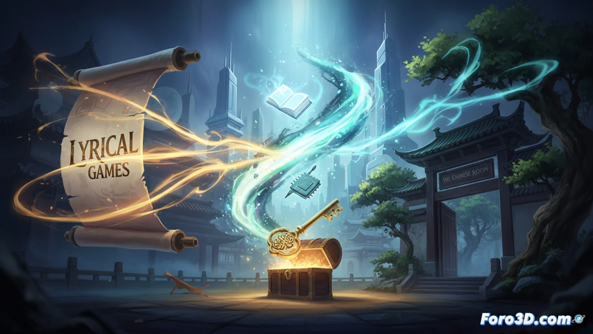 Un estudio de desarrollo y un editor estrechan manos sobre un contrato, rodeados de conceptos artísticos que simbolizan un proyecto creativo sin revelar.