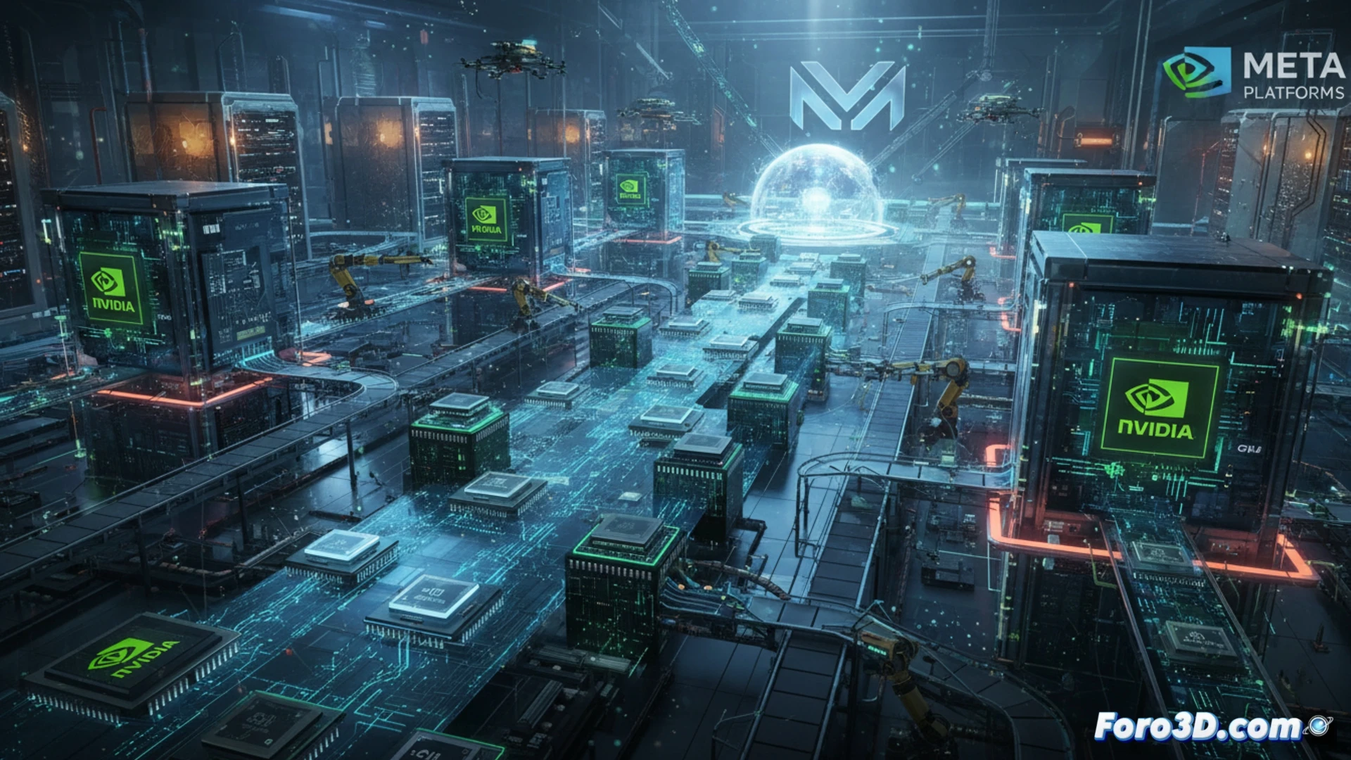 Imagen de un centro de datos futurista con filas de servidores brillantes, mostrando logotipos de M**a y Nvidia en racks llenos de GPUs.