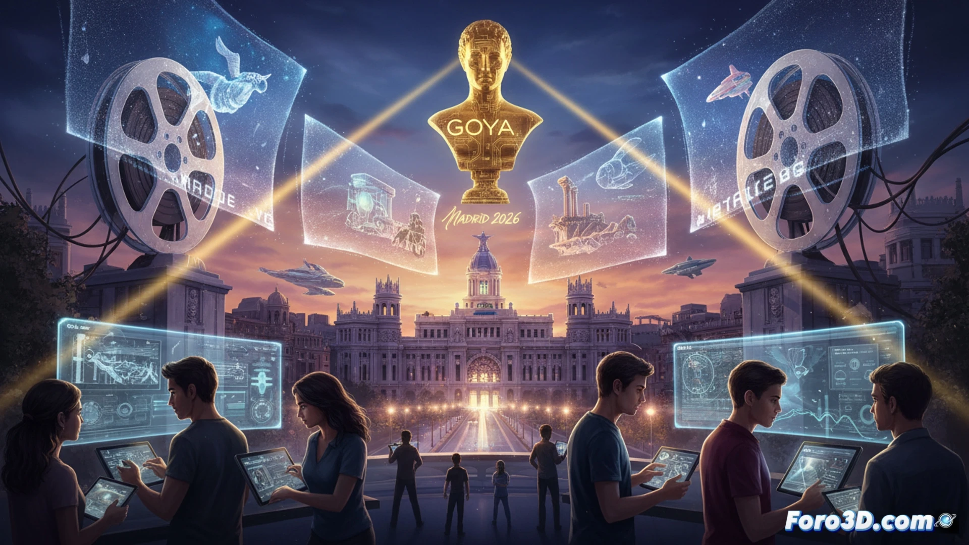 La Puerta de Alcalá iluminada con un holograma de un Goya, rodeada de artistas trabajando en estaciones de VFX.