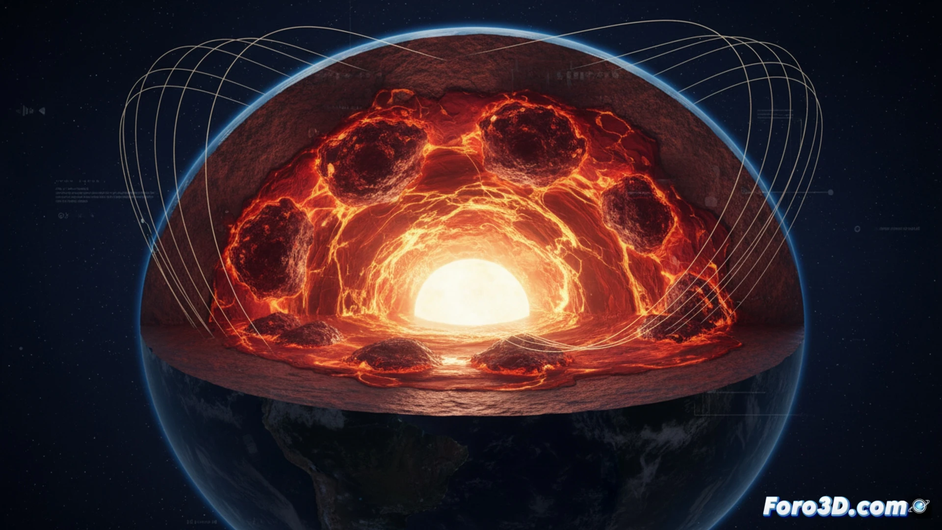 Corte terrestre mostrando manchas térmicas anaranjadas en el límite núcleo-manto, con líneas de campo magnético distorsionadas emergiendo hacia la superficie.