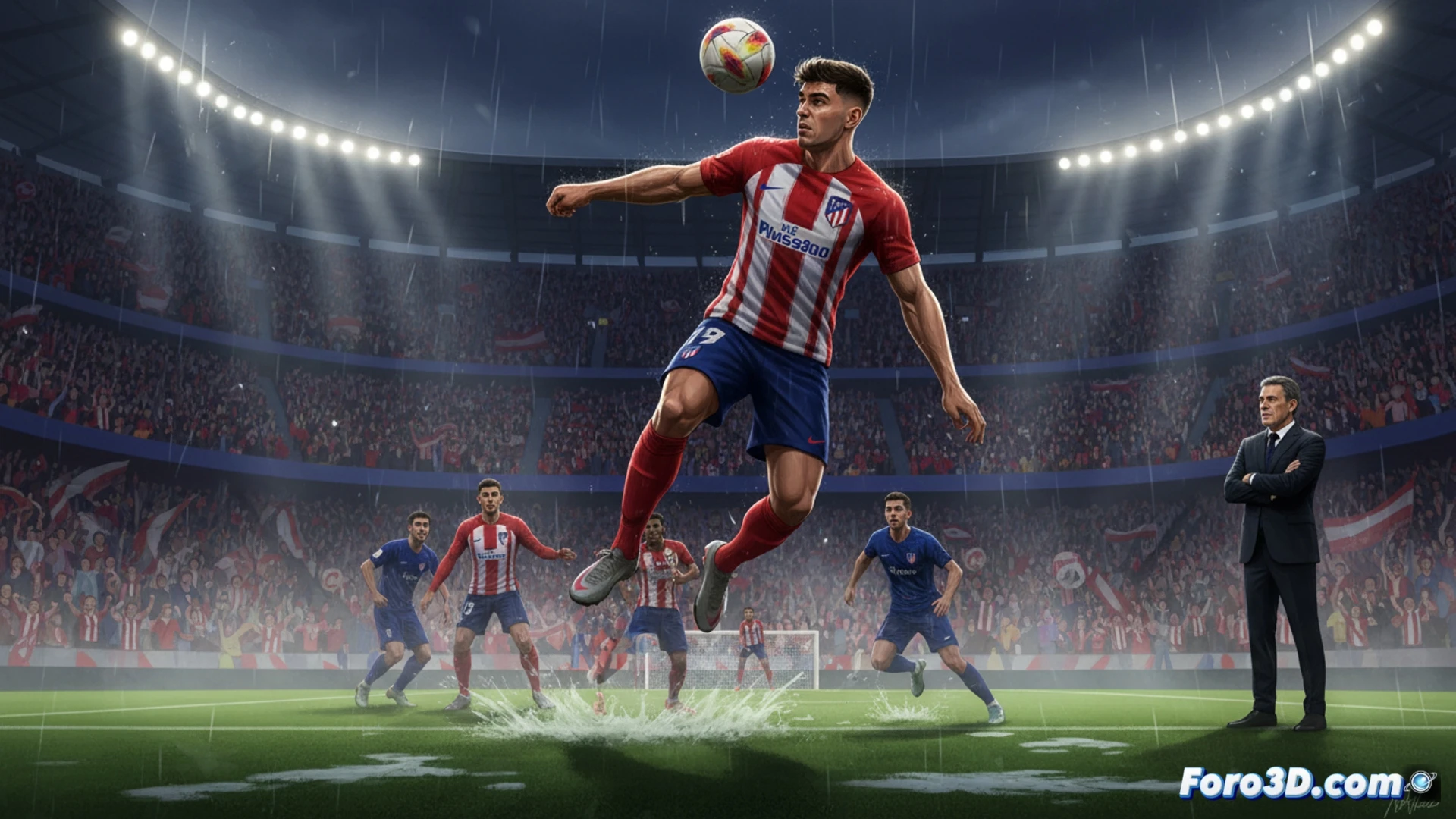 Jugador de pelo oscuro, con barba, en acción defensiva. Viste la camiseta rojiblanca del Atlético de Madrid, despejando un balón con potencia en un choque aéreo. Su expresión es de concentración y determinación.