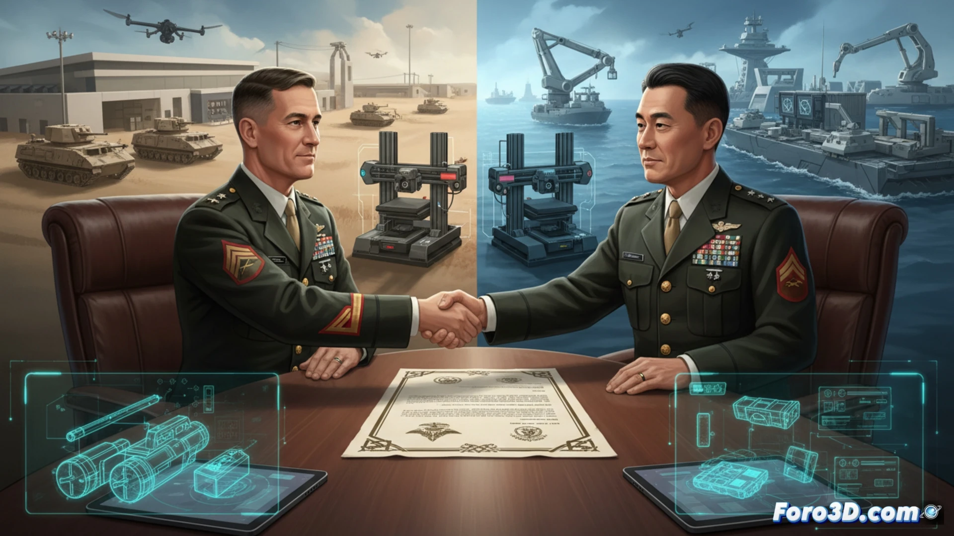 Oficiales estadounidenses y japoneses firman un acuerdo en una base, con una impresora 3D fabricando una pieza de repuesto militar en segundo plano.