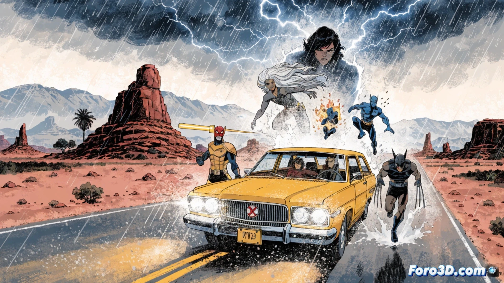 Un equipo de X-Men, con trajes clásicos, posa frente a su base oculta en el vasto y árido desierto australiano bajo un cielo anaranjado al atardecer.