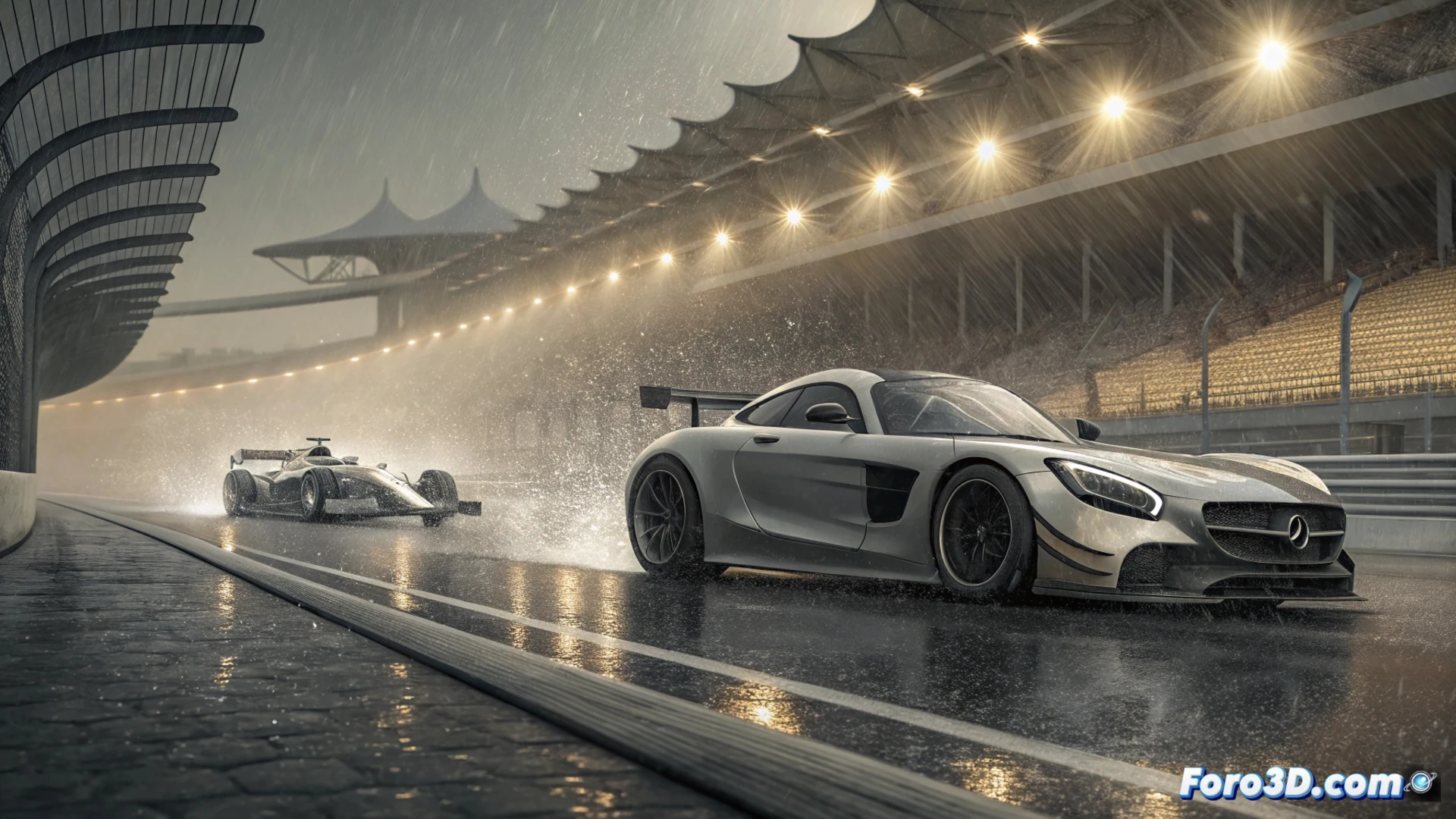 Un McLaren y un Mercedes F1, con neumáticos de lluvia, circulan en mojado bajo el sol de Baréin durante una prueba privada para Pirelli.