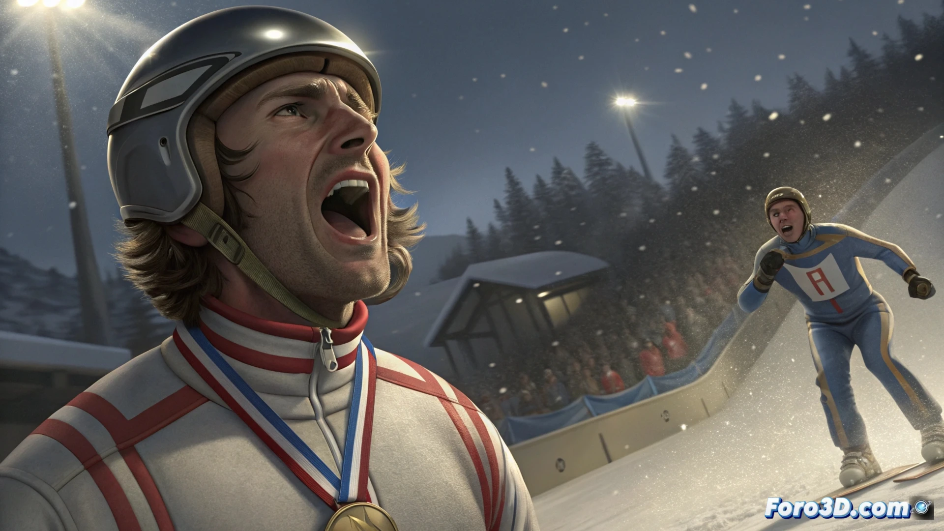 Meillard celebra el oro mientras McGrath, frustrado, lanza sus bastones tras un error en la segunda manga.