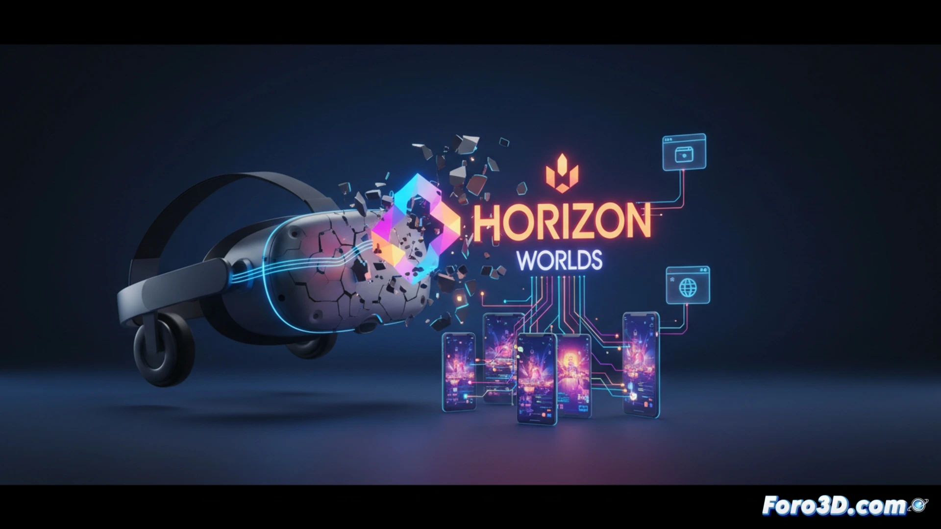 Una persona usa un móvil donde se ve un mundo virtual, mientras unas gafas VR se apagan o quedan en segundo plano.