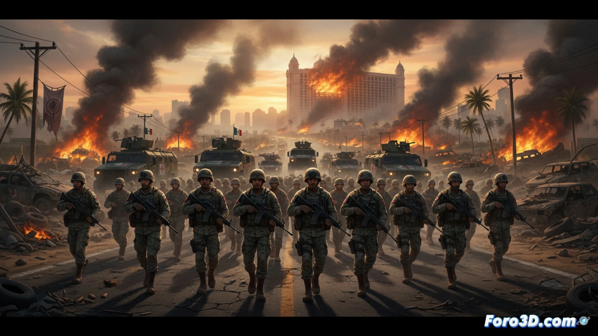 Un convoy militar mexicano avanza por una carretera nocturna, iluminado por sirenas, con humo de vehículos incendiados al fondo.