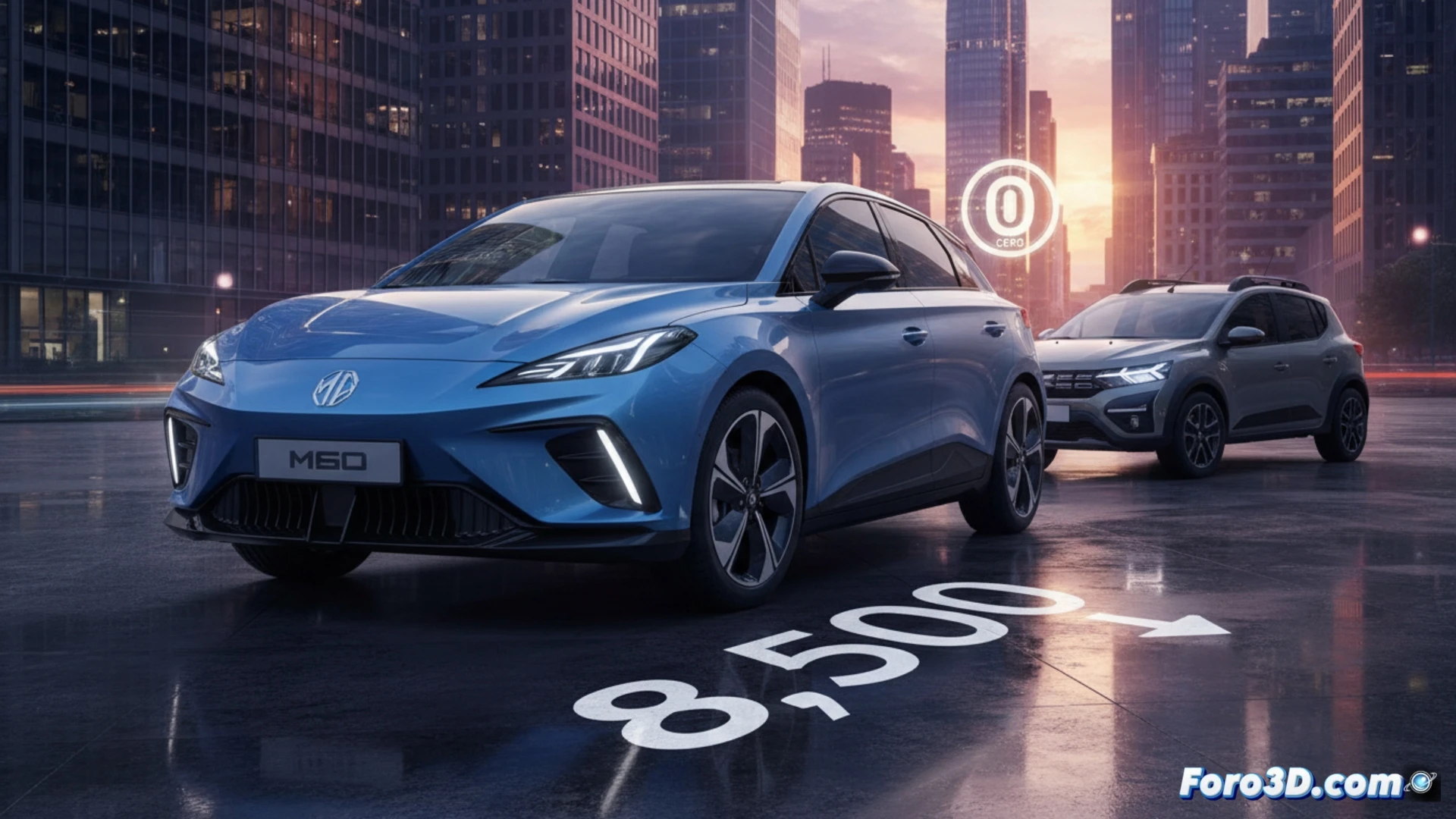 Un MG4 eléctrico, con etiqueta CERO, aparcado frente a un concesionario. Un gran cartel anuncia un descuento de +8.500€, equiparando su precio al de un Dacia.