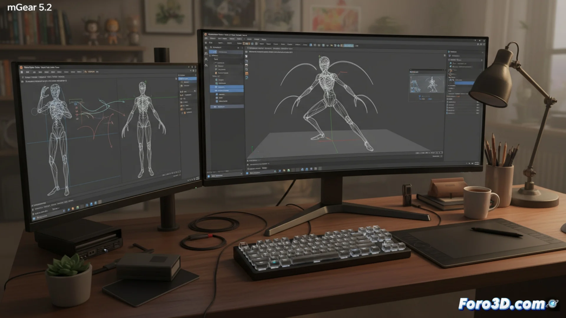 Captura de pantalla de la interfaz de mGear 5.2 en Autodesk Maya, mostrando el nuevo panel xPlorer y la interfaz rediseñada de Shifter con las plantillas de Blueprint Guides.
