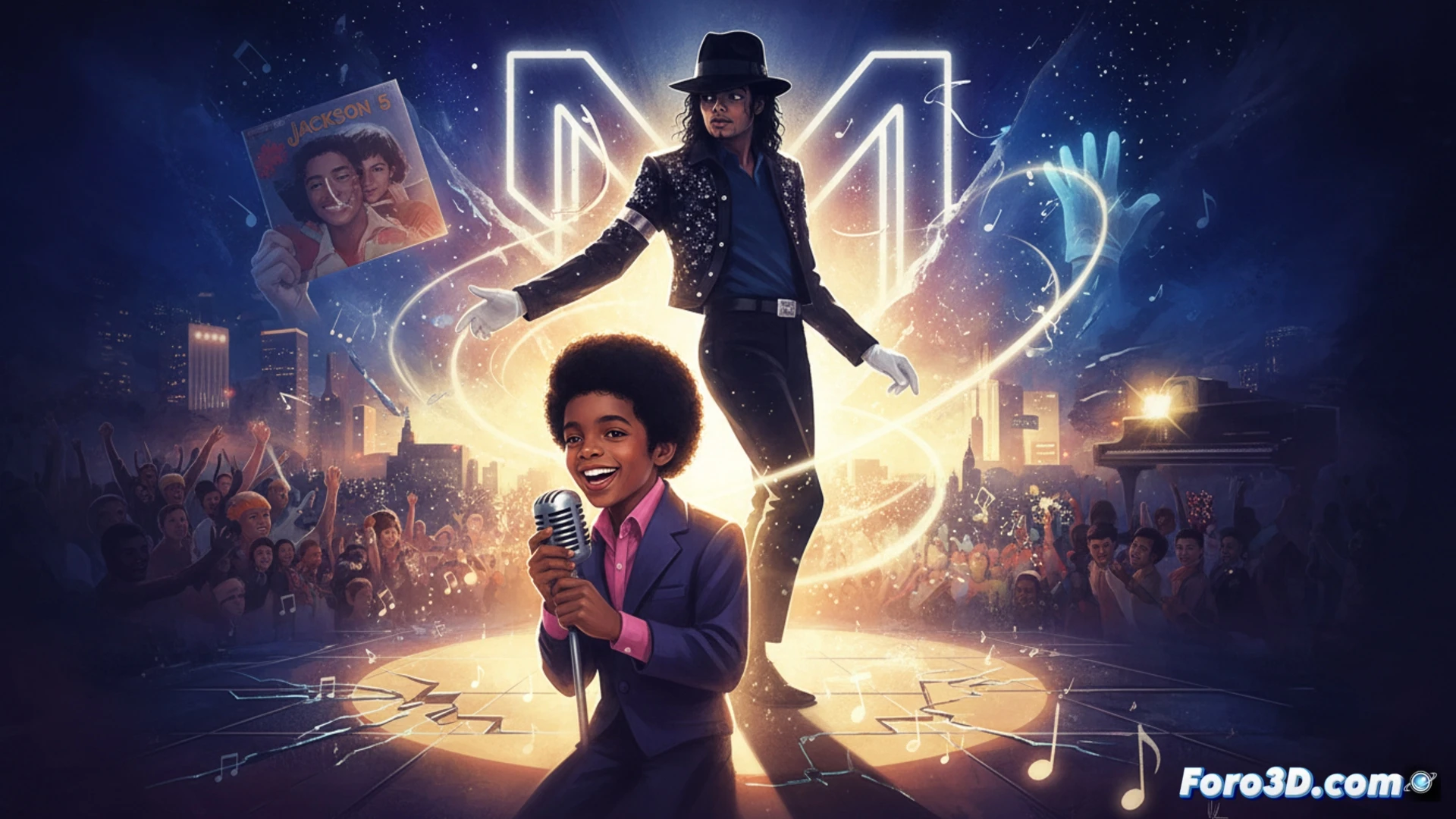 Un joven Michael Jackson mira al horizonte, con el brillo de un escenario y recuerdos de su infancia reflejados en sus ojos.