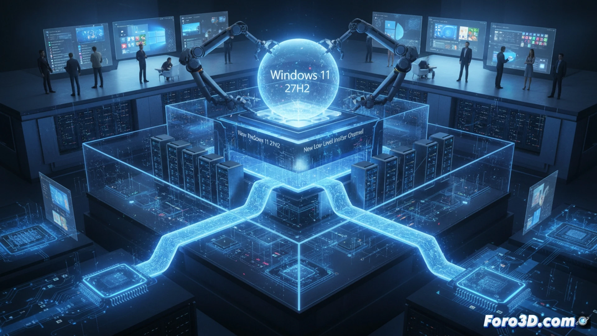 Un ingeniero de Microsoft explora líneas de código en una pantalla, mientras un diagrama de desarrollo bifurcado ilustra la separación entre el núcleo del sistema y las nuevas funciones.
