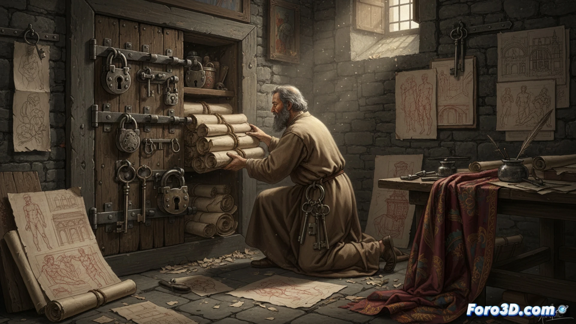 Una habitación con puerta de madera maciza y múltiples cerraduras. En el suelo, huellas de polvo donde estuvieron los rollos de bocetos rescatados.