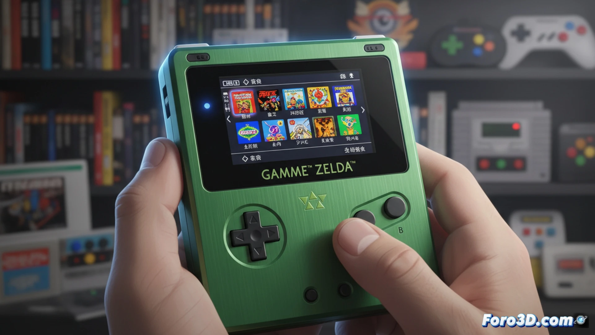 Un Game & Watch Zelda modificado, con su pantalla encendida mostrando un menú de emulación con clásicos como Super Mario Bros. y Sonic.