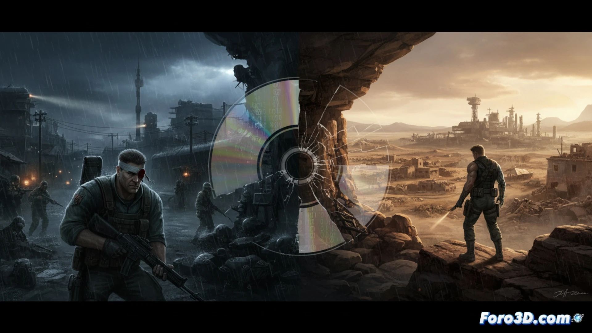 Un soldado cruza la base de Camp Omega, con el helicóptero de Motherbase esperando al fondo, uniendo ambas misiones en una sola narrativa visual.