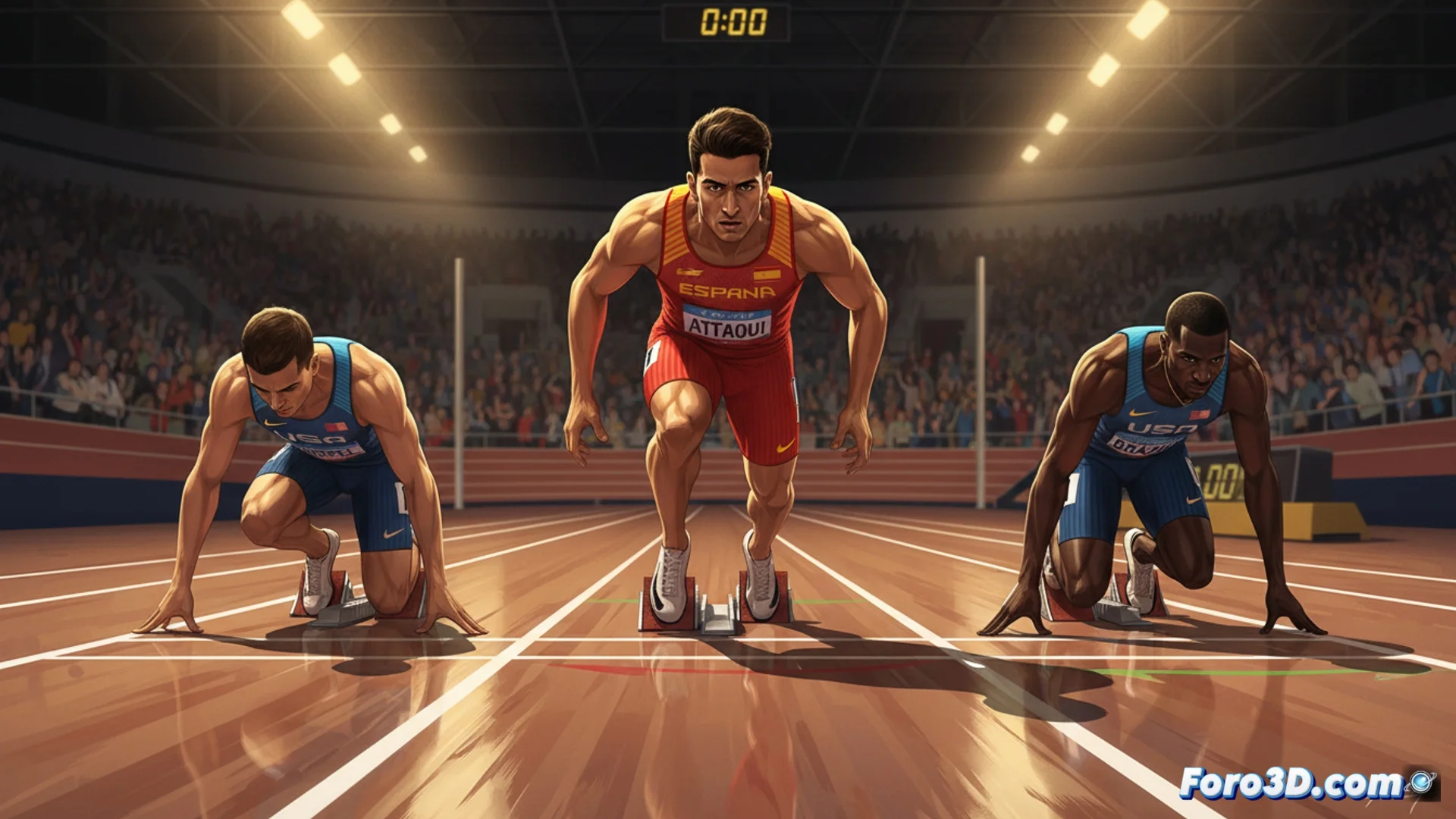 Moha Attaoui, atleta español, compitiendo en la pista de atletismo indoor durante los Millrose Games 2026 en Nueva York, con otros corredores de élite en los 800 metros.