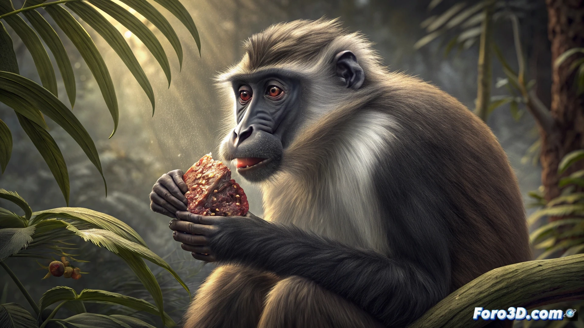 Un mangabey fuliginoso muerde una ardilla listada en la selva marfileña, transmitiéndole la viruela del mono.