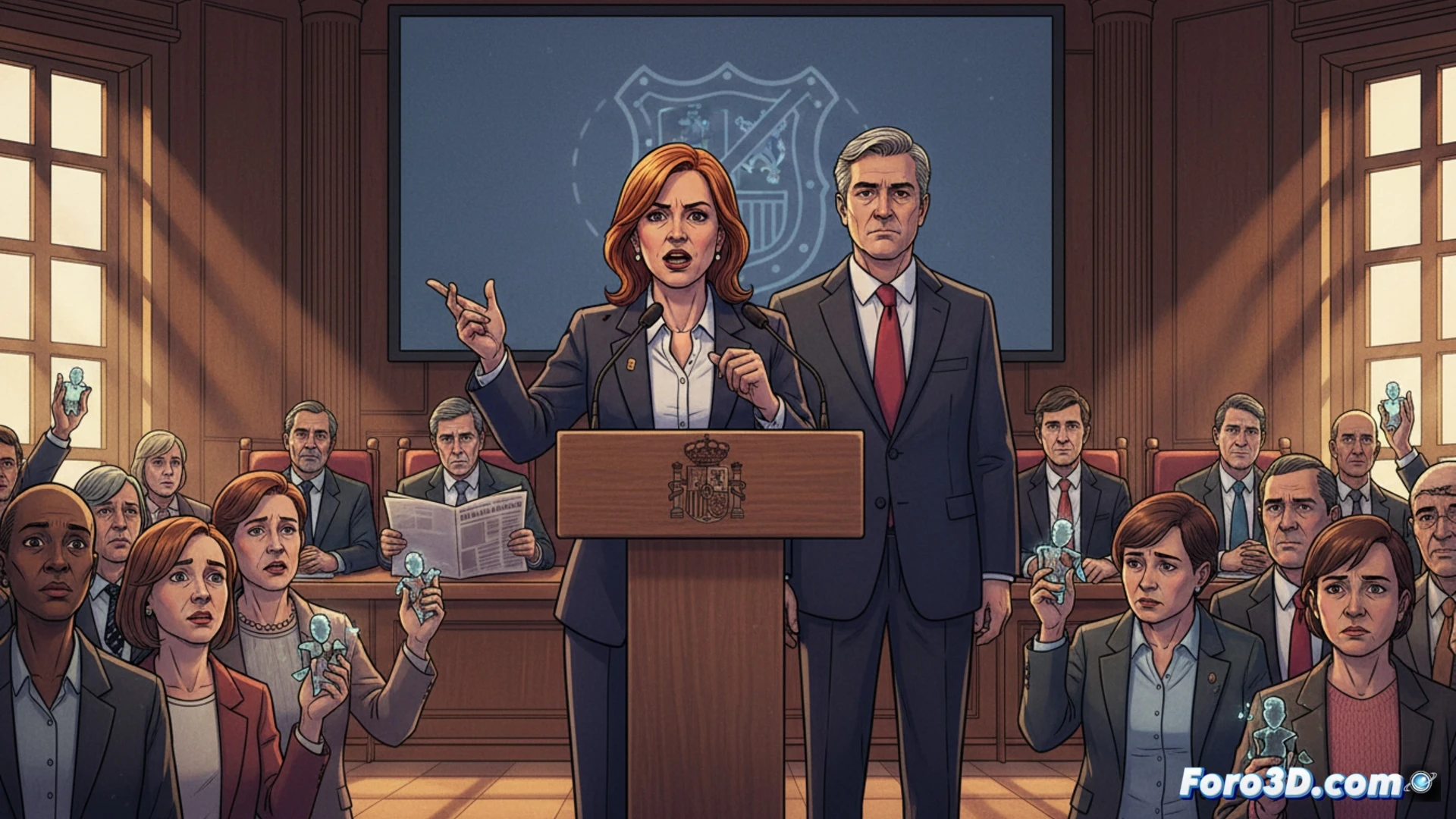 La vicepresidenta Montero, en un podio, habla con gesto serio. Detrás, una bandera de España y el logotipo del Gobierno. Su expresión transmite firmeza y defensa institucional.