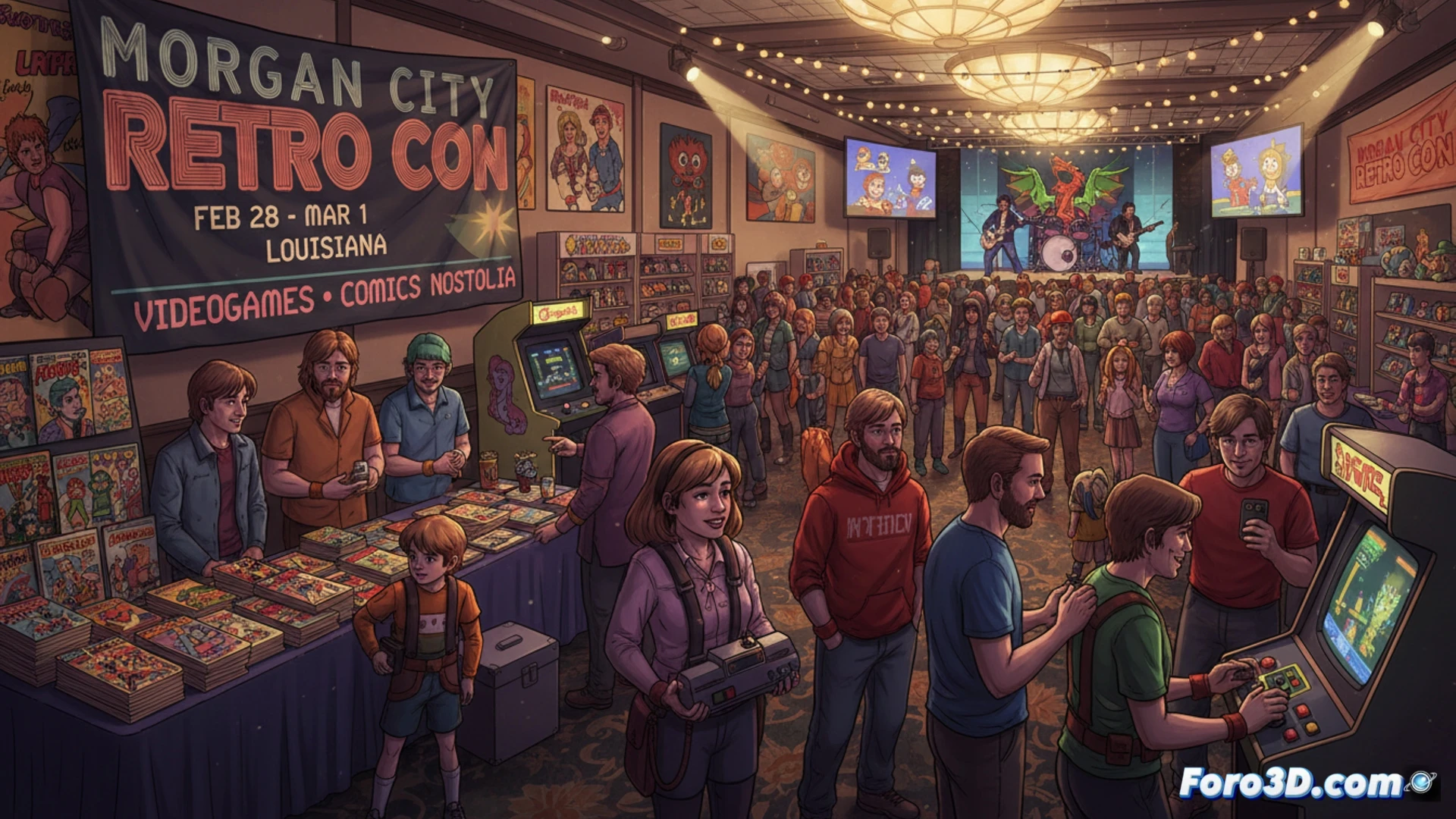 Una multitud disfruta de videojuegos retro y cómics en el luminoso auditorio municipal, lleno de color y nostalgia.