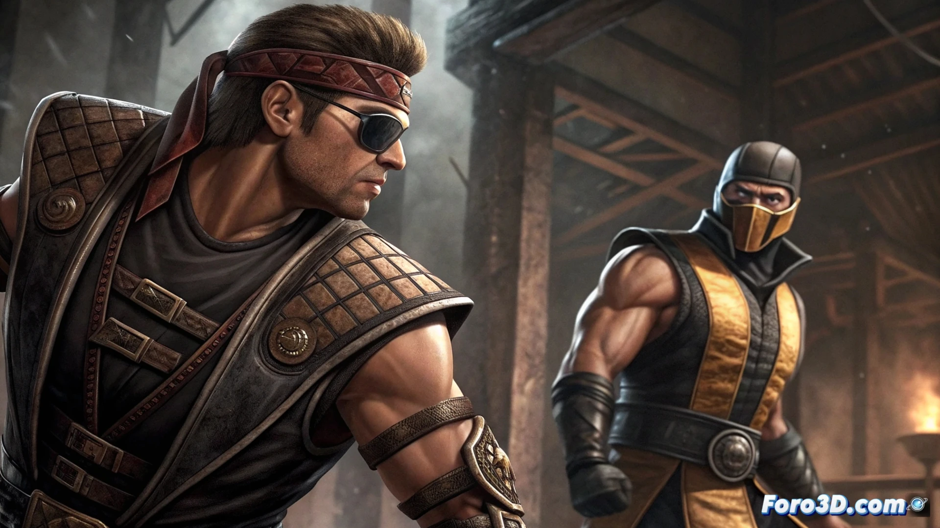 Un Johnny Cage sonriente frente a un portal sangriento, con Shao Kahn y guerreros Outworld emergiendo en un paisaje apocalíptico.