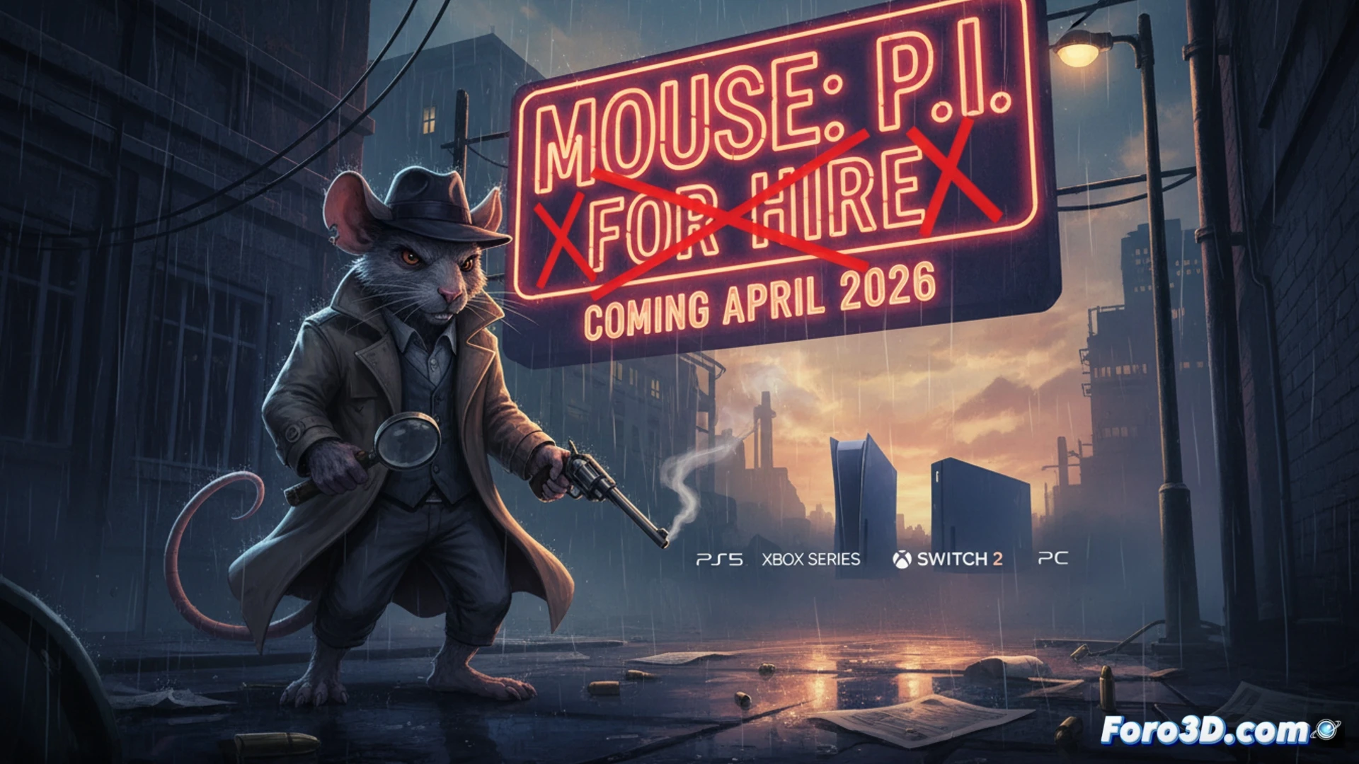 Un detective ratón en una lluviosa ciudad noir, apuntando con su pistola bajo un cartel de neón que anuncia su retraso hasta abril de 2026.