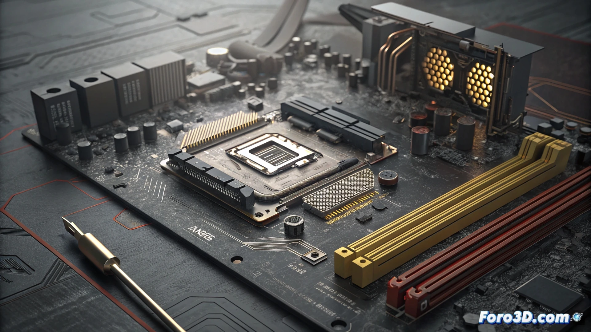 Imagen de una placa base MSI con una tapa de socket de ASUS mal colocada y un conector 12VHPWR desconectado, mostrando pines doblados y riesgo de sobrecalentamiento.