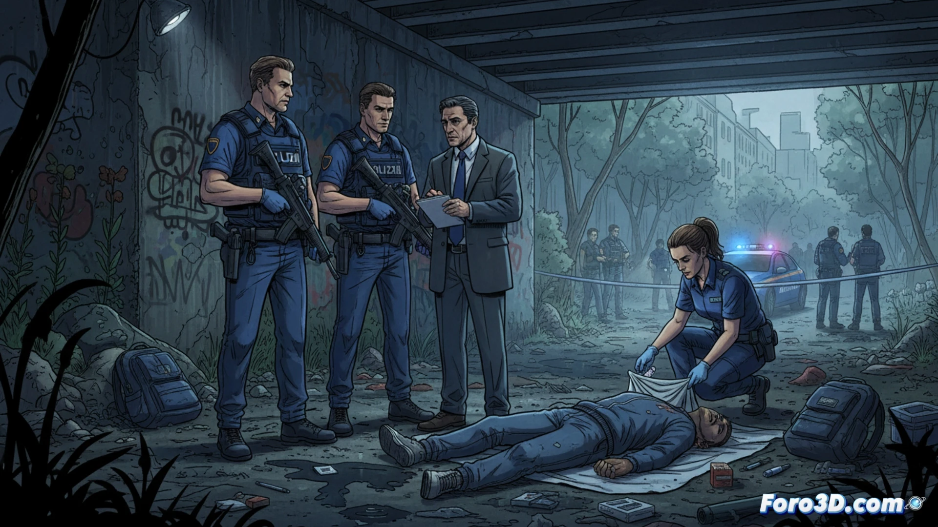 Agente revisa escena del crimen en callejón oscuro de Rogoredo, con silueta de un cuerpo en el suelo y testigos siendo interrogados a distancia.