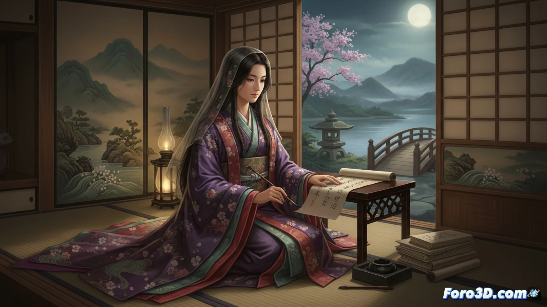 Una dama Heian escribe junto a un biombo, con cerezos en flor y la corte imperial reflejada en su tinta.