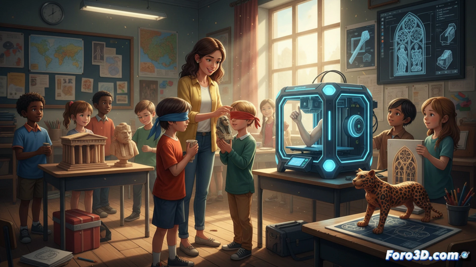 Una mano sostiene una réplica 3D de una vasija antigua sobre un pupitre, rodeada de estudiantes que la exploran con curiosidad táctil.