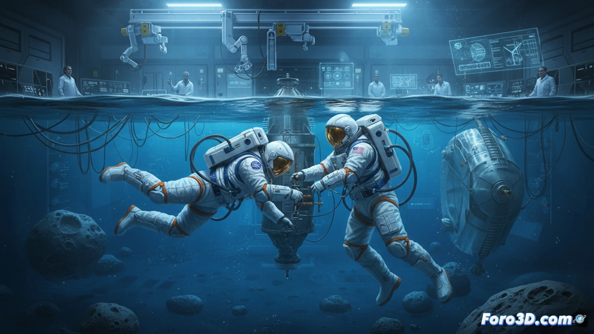 Astronautas prueban trajes espaciales en piscina, simulando movilidad en la baja gravedad lunar para la misión Artemis III.