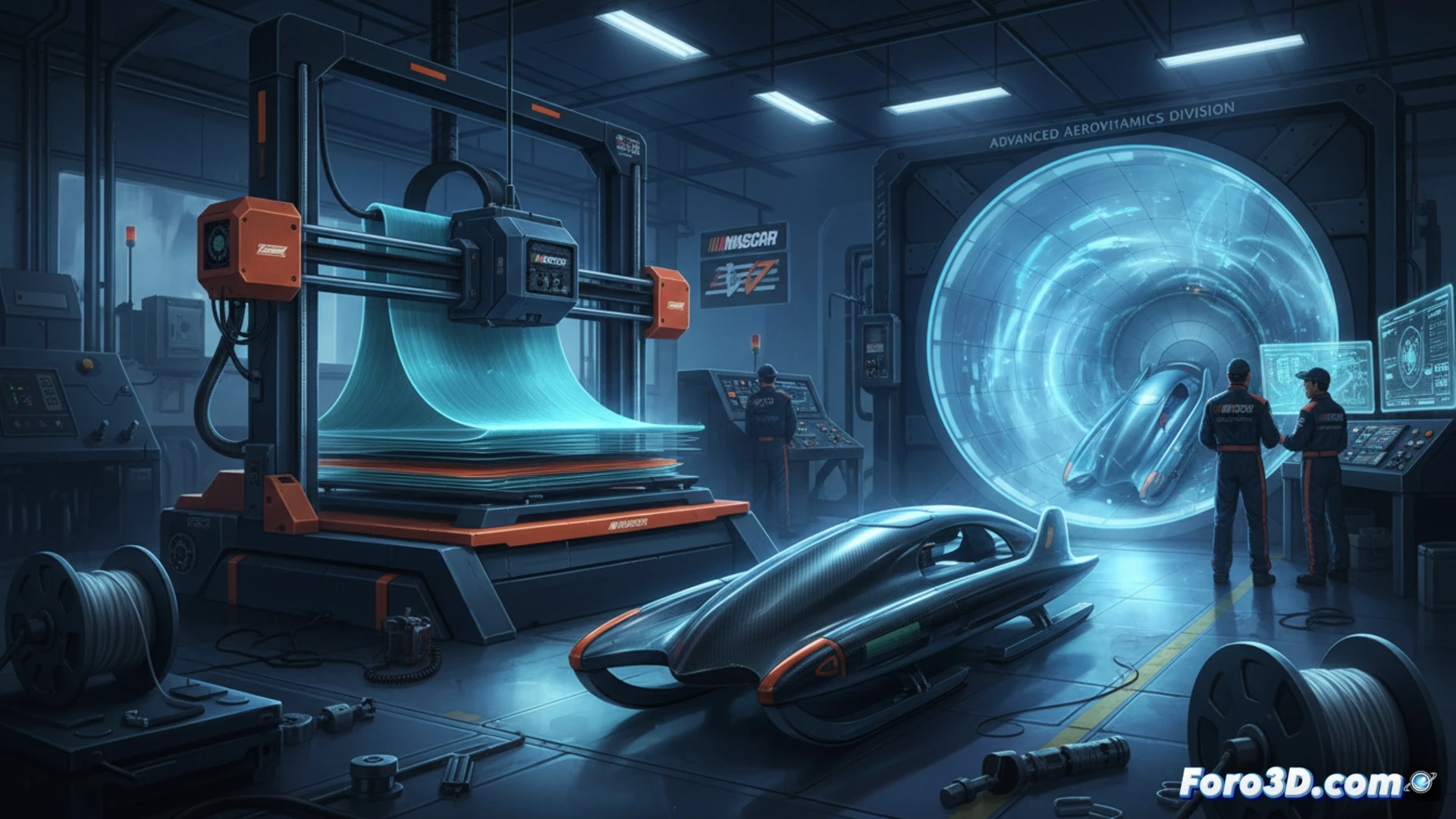 Ingenieros de NASCAR examinan un prototipo de trineo luge impreso en 3D a tamaño real, dentro de un túnel de viento para análisis aerodinámico.