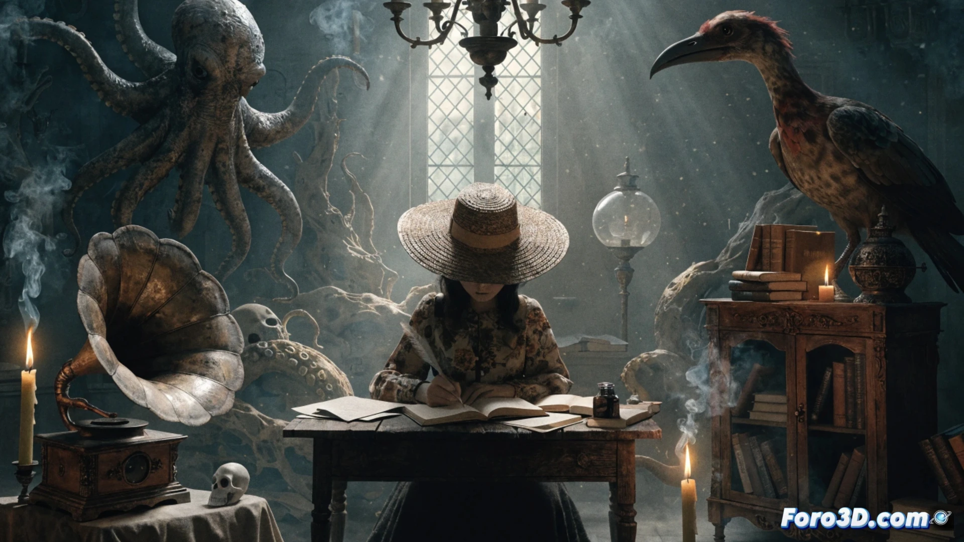 Una escritora victoriana, rodeada de libros y criaturas fantásticas de arcilla, escribe bajo la luz de una lámpara en su estudio gótico.