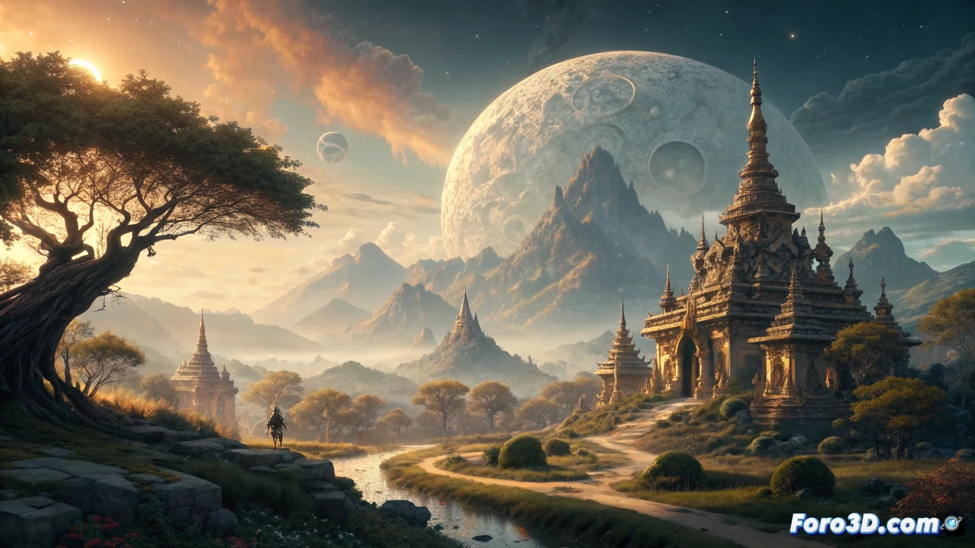 Un guerrero con atuendo futurista y toques místicos observa desde un risco una vasta ciudad flotante iluminada por auroras sobrenaturales.